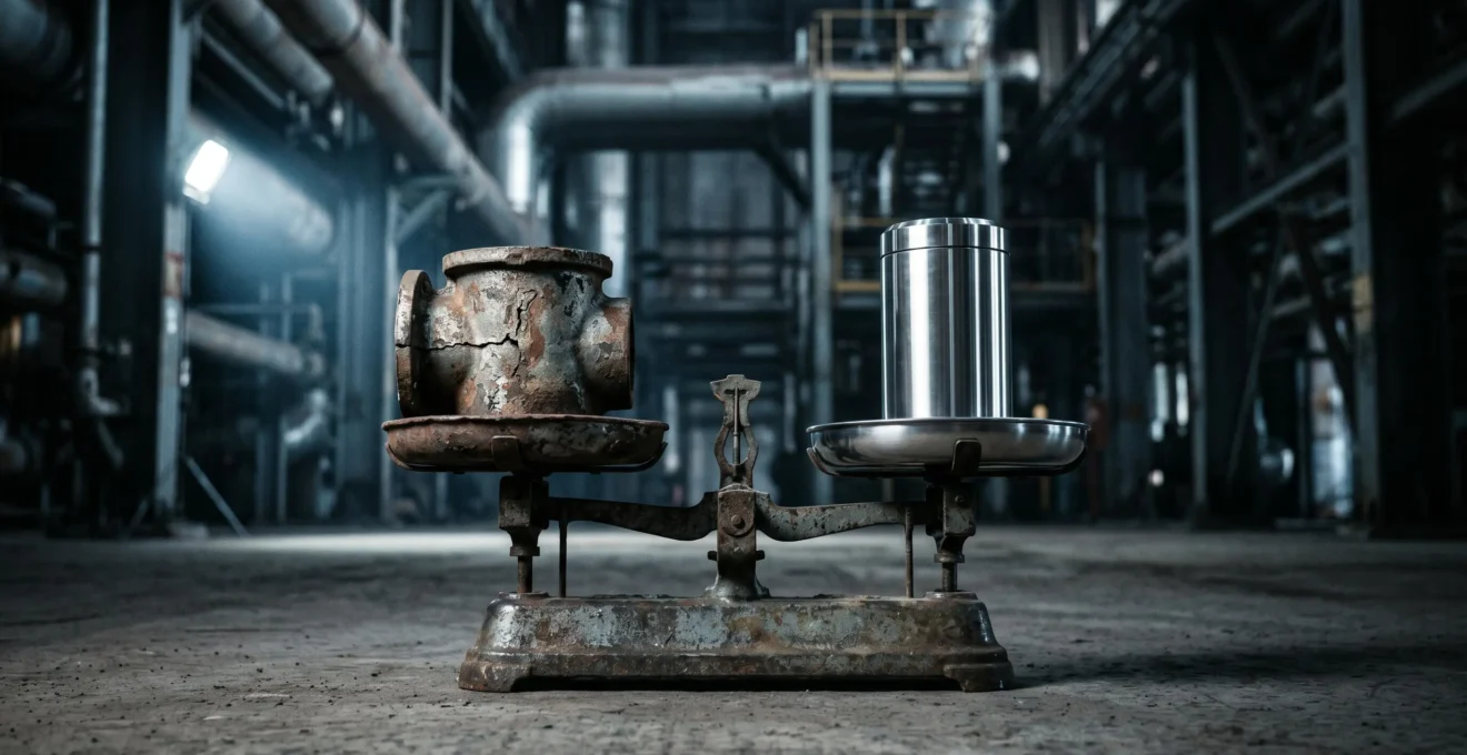 Balance mécanique industrielle comparant pièce chaudronnée usée et fissurée versus appareil neuf en acier inoxydable brillant, sur fond de tuyauteries industrielles floues, symbolisant arbitrage réparation ou remplacement
