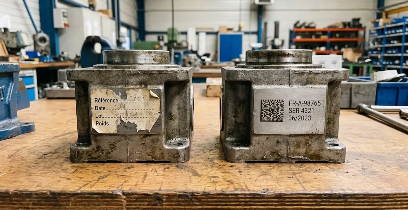 Comparaison de deux pièces industrielles identiques : étiquette adhésive dégradée et illisible contre code datamatrix laser parfaitement lisible après même durée d'exploitation