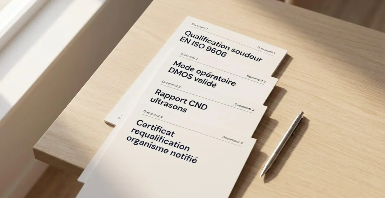 Empilement ordonné de 4 documents techniques sur bois clair : Qualification soudeur EN ISO 9606, Mode opératoire DMOS validé, Rapport CND ultrasons, Certificat requalification organisme notifié, avec stylo technique à côté, lumière naturelle douce