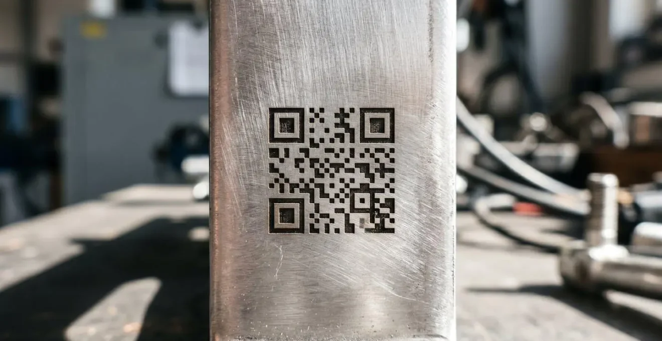 Gros plan sur un code datamatrix gravé au laser sur une pièce métallique industrielle, montrant la netteté et la précision du marquage permanent