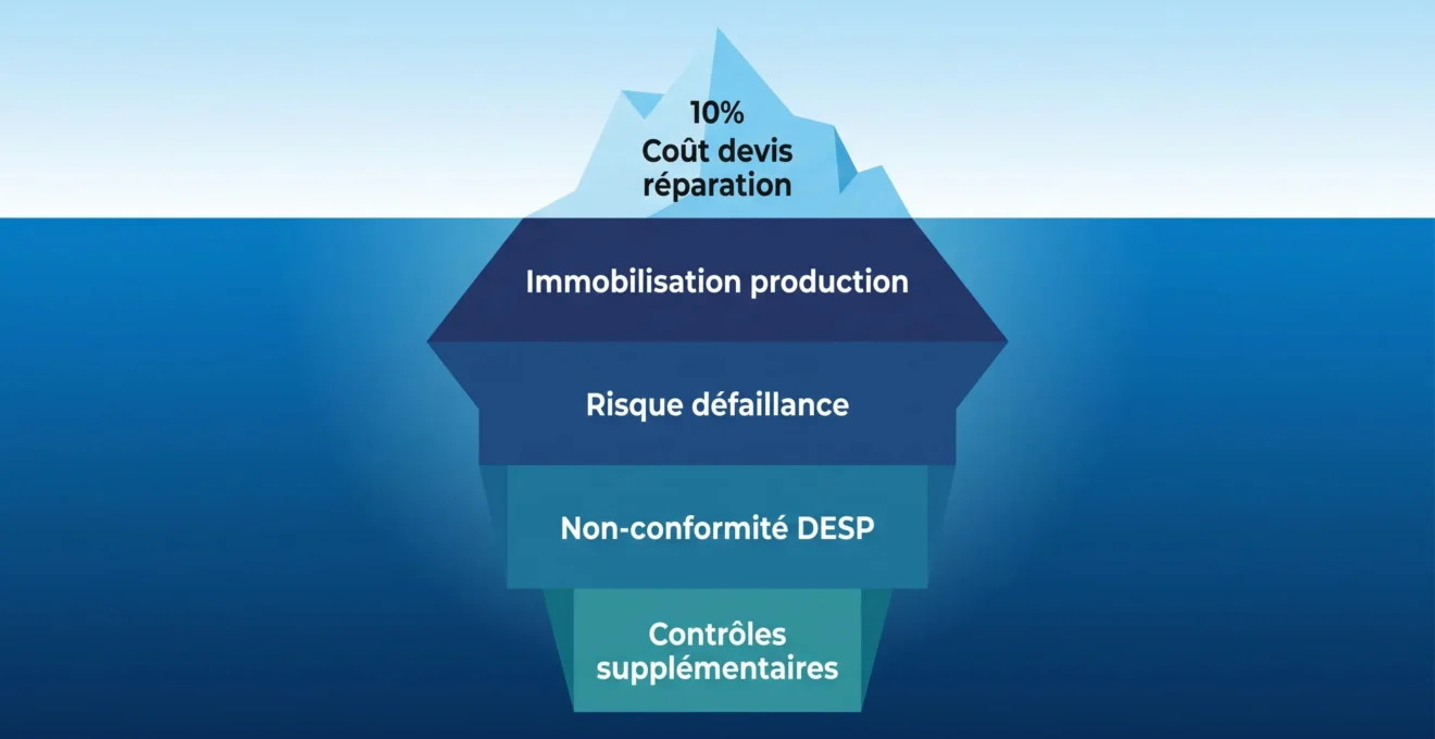 Illustration iceberg géométrique montrant partie émergée 'Coût devis réparation' (10%) et partie immergée massive révélant coûts cachés 'Immobilisation production', 'Risque défaillance', 'Non-conformité DESP', 'Contrôles supplémentaires' (90%)