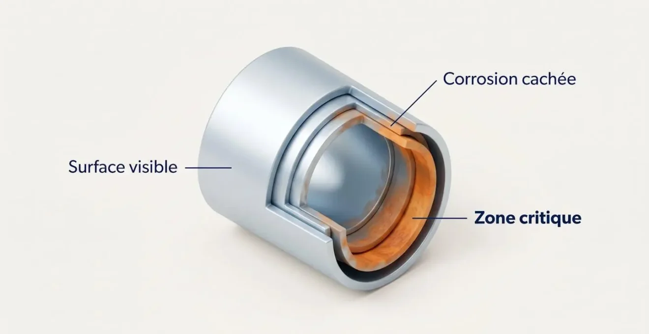 Illustration schématique en coupe d'une paroi métallique d'appareil à pression montrant surface extérieure intacte mais corrosion interne cachée progressive, avec annotations en français 'Surface visible', 'Corrosion cachée', 'Zone critique'