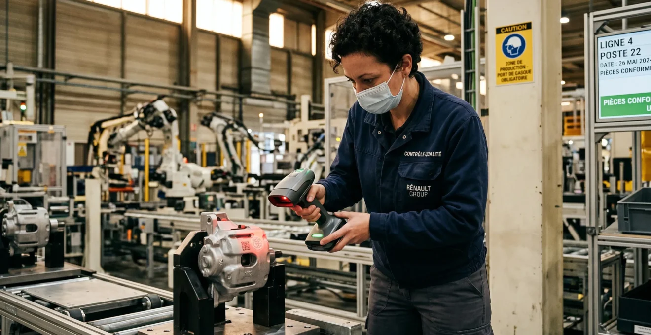Inspecteur qualité scannant un code datamatrix gravé au laser sur une pièce automobile avec un lecteur optique dans une usine de production française
