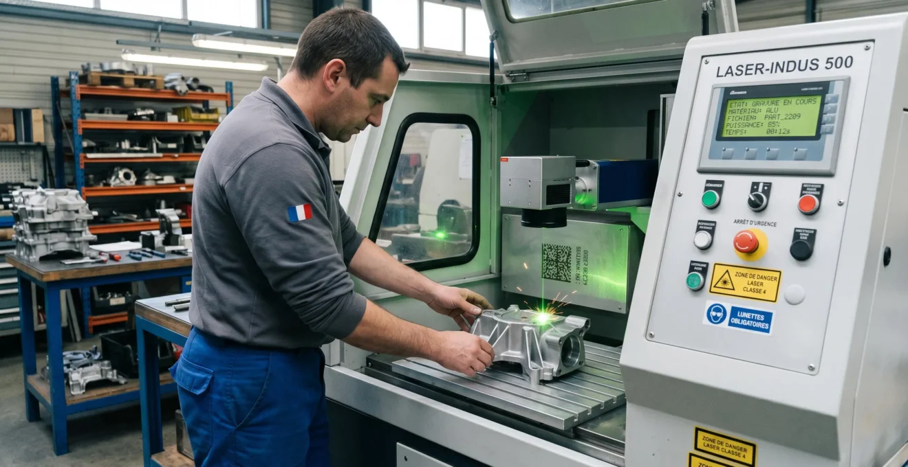 Machine de gravure laser industrielle marquant un code datamatrix sur une pièce métallique dans un atelier de production français, faisceau laser visible en action