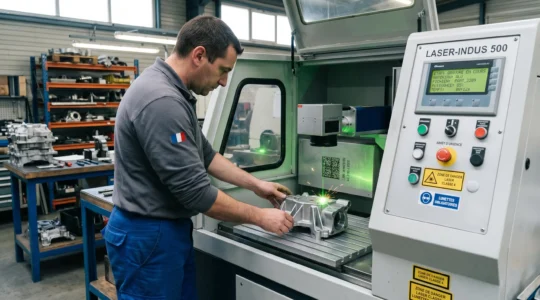 Machine de gravure laser industrielle marquant un code datamatrix sur une pièce métallique dans un atelier de production français, faisceau laser visible en action