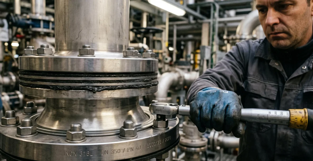 Gros plan sur un assemblage de bride industrielle en acier inoxydable avec joint spiralé métallo-graphite visible entre les portées, les mains gantées d'un technicien serrant un boulon à l'aide d'une clé dynamométrique calibrée, environnement d'installation pétrochimique en arrière-plan.