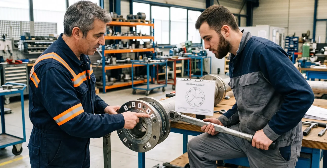 Plan moyen sur deux techniciens en tenue de travail industrielle, un formateur expérimenté pointant la séquence de serrage numérotée sur une bride tandis qu'un jeune technicien de maintenance tient une clé dynamométrique et observe attentivement, assemblage avec joint spiralé visible au premier plan, environnement atelier de formation.