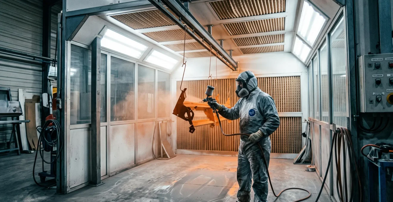 Opérateur en combinaison complète appliquant de la peinture au pistolet dans une cabine de peinture industrielle, avec brouillard de peinture visible et panneaux de filtration plafond identifiables en arrière-plan