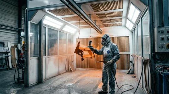 Opérateur en combinaison complète appliquant de la peinture au pistolet dans une cabine de peinture industrielle, avec brouillard de peinture visible et panneaux de filtration plafond identifiables en arrière-plan