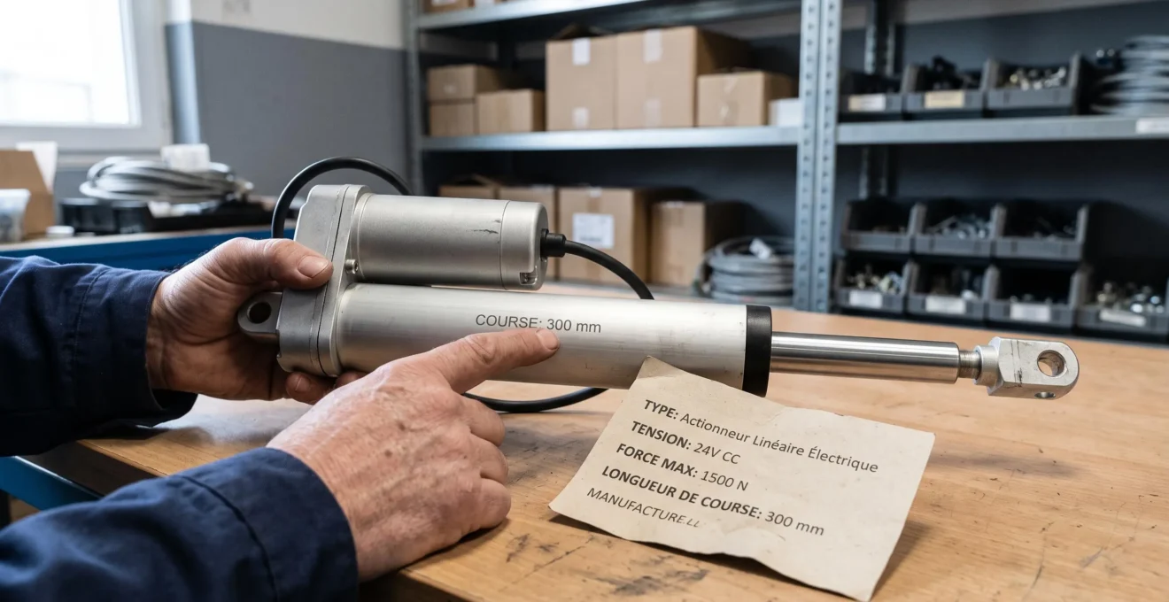 Des mains comparent la longueur de course d'un vérin électrique avec une fiche technique sur un plan de travail de magasin industriel.
