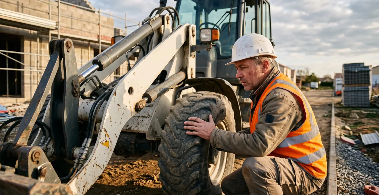 Un chef de chantier inspecte en s'accroupissant les pneus et le bras hydraulique d'une chargeuse télescopique de location en fin de journée.