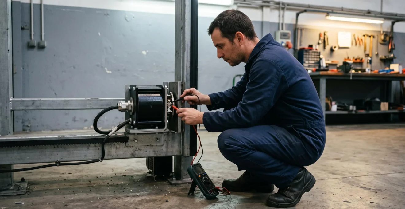 Un électricien industriel contrôle les bornes d'un électro-aimant de freinage monté sur un mécanisme automatisé.