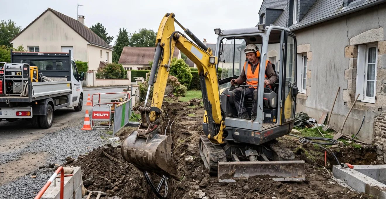 Une minipelle de chantier en location creuse une tranchée sur un chantier de rénovation résidentiel en France, opérée par un ouvrier du BTP.