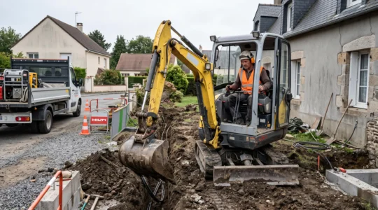 Une minipelle de chantier en location creuse une tranchée sur un chantier de rénovation résidentiel en France, opérée par un ouvrier du BTP.