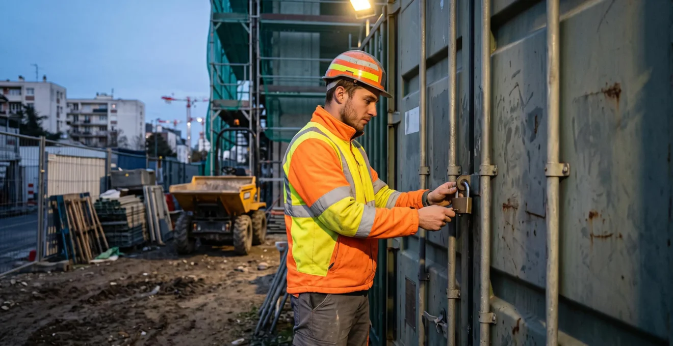 Un ouvrier ferme à cadenas un conteneur de chantier sécurisé abritant des outils professionnels loués, sur un chantier urbain français au crépuscule.