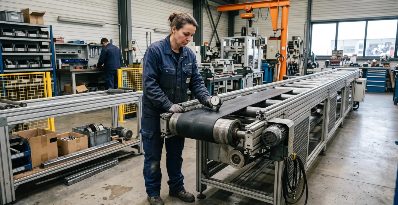 Un technicien contrôle la tension d'une courroie de transmission sur un convoyeur automatisé dans un atelier industriel.