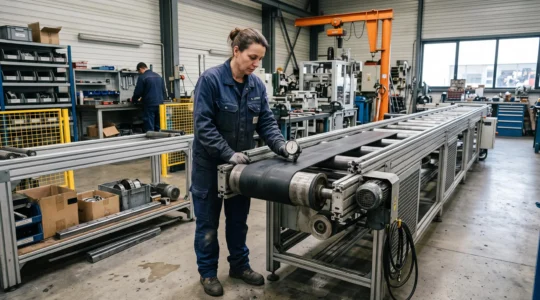 Un technicien contrôle la tension d'une courroie de transmission sur un convoyeur automatisé dans un atelier industriel.