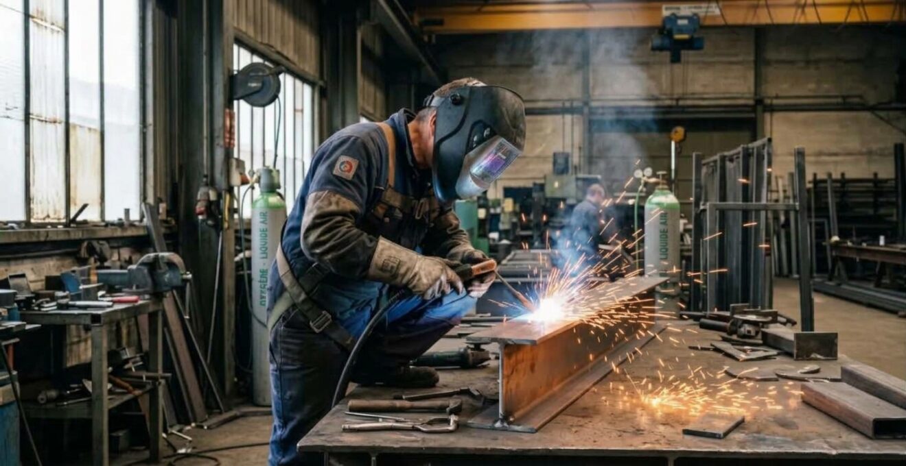 Un soudeur professionnel soude une pièce métallique dans un atelier en France.