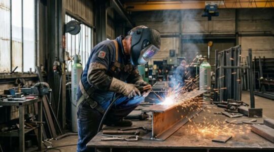 Un soudeur professionnel soude une pièce métallique dans un atelier en France.